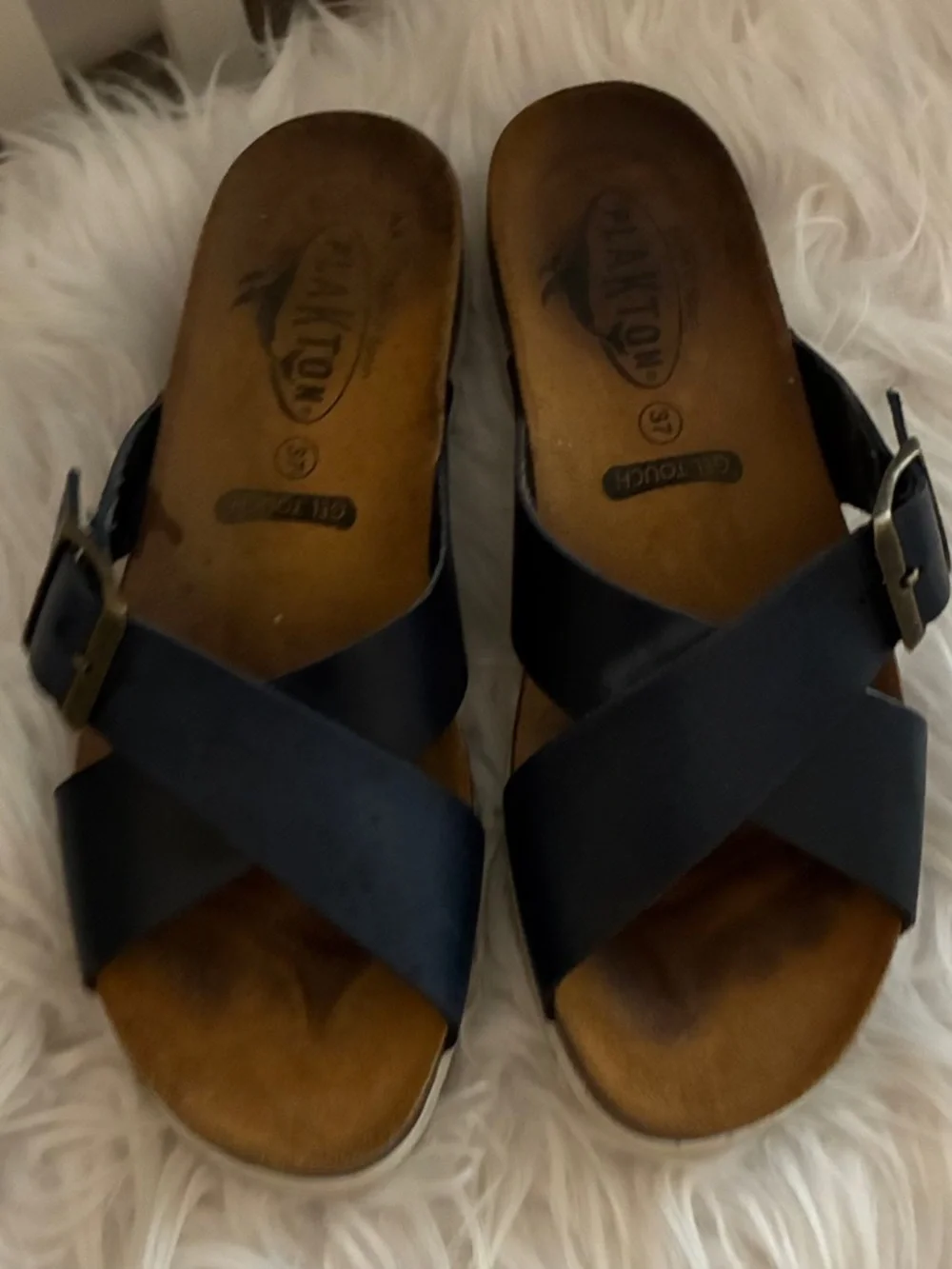 Plakton Baker Navy Gel Touch Slide Sandals Cross-Strap Sandals with Buckle Sz 37